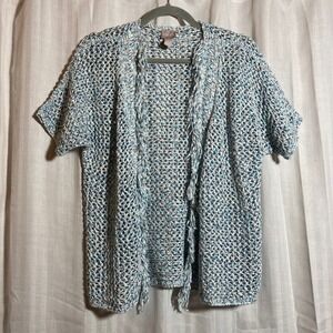 Chicos Blue White Open Knit Cardigan Short Sleeve Fringe Trim Sweater 1 Coastal